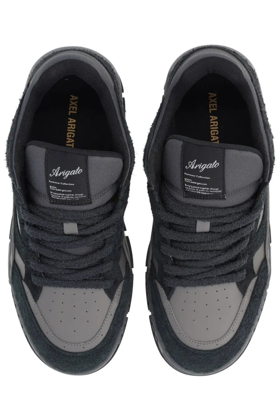 Axel Arigato men’s sneaker area black with dark gray and black suede and mesh uppers perforated toe panels and textured rubber sole