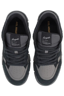 Axel Arigato men’s sneaker area black with dark gray and black suede and mesh uppers perforated toe panels and textured rubber sole