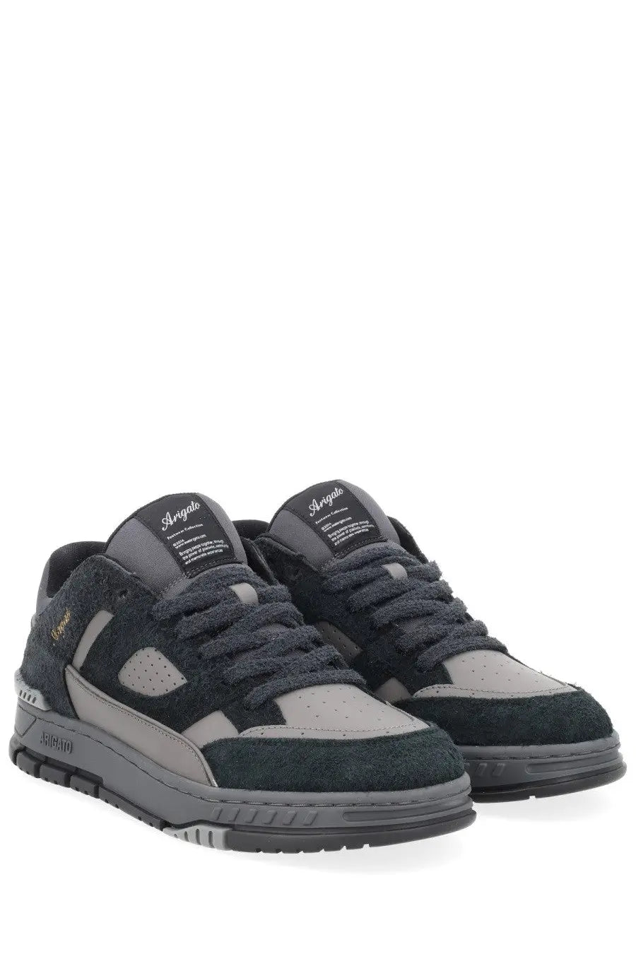 Axel Arigato men’s sneaker area black dark gray suede with light gray panels and chunky rubber sole featuring slyngate logo