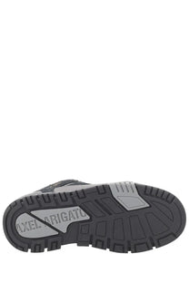 Axel Arigato men’s sneaker area black black and gray sole with textured rubber tread pattern visible from the back