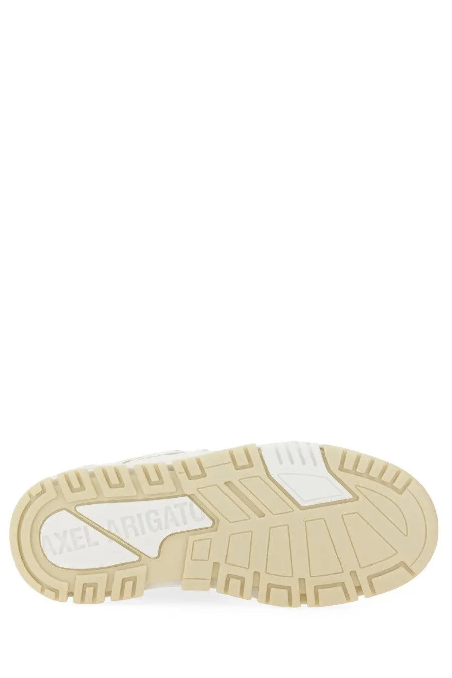 Back view of axel arigato men’s sneaker area white showing beige rubber sole with white midsole and branding on heel