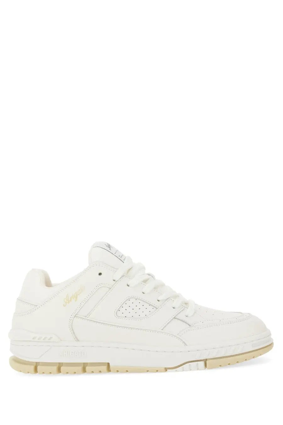 Axel Arigato men’s sneaker area white white leather sneaker with subtle gold branding and beige rubber sole