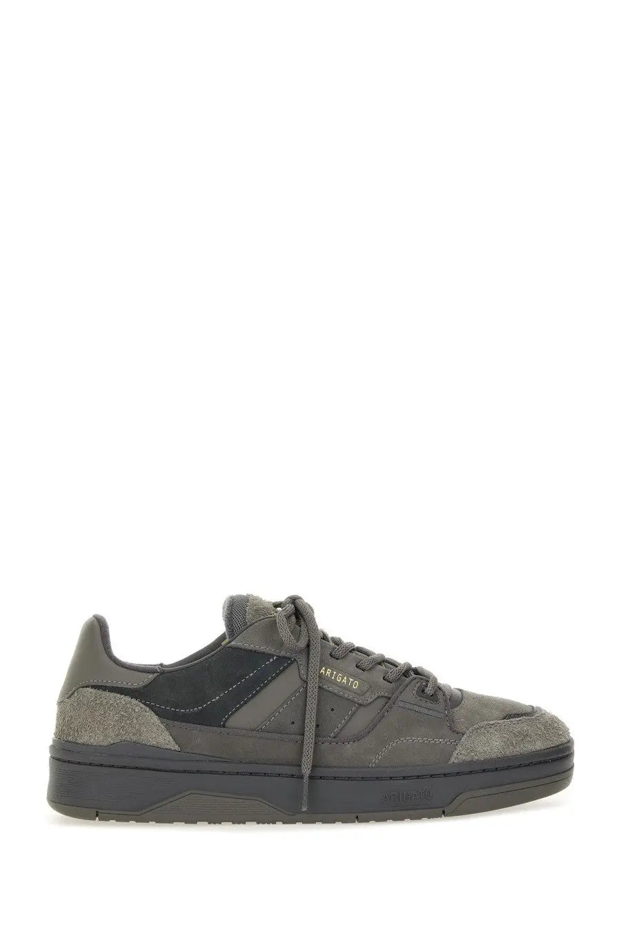 Axel arigato men’s sneaker clay grey in dark gray suede and canvas with textured toe cap and black rubber sole