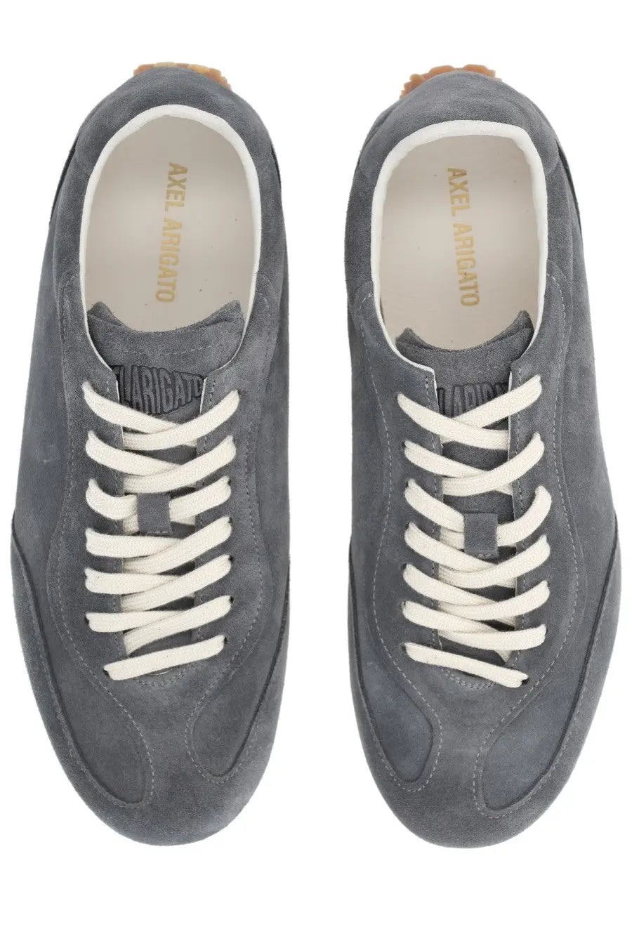 Axel Arigato men’s sneaker Daze Runner grey gray suede low-top with white laces and tan rubber heel tab back view
