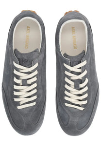 Axel Arigato men’s sneaker Daze Runner grey gray suede low-top with white laces and tan rubber heel tab back view