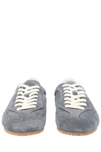 Axel arigato men’s sneaker daze runner grey suede sneakers with white laces and tan rubber sole