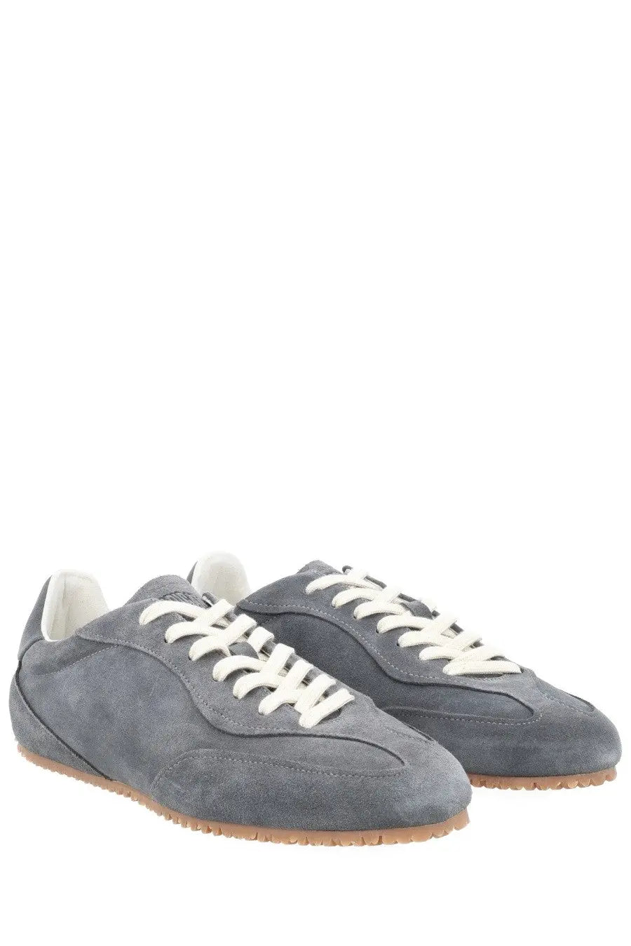 Axel arigato men’s sneaker daze runner grey gray suede sneakers with white laces and light brown rubber sole