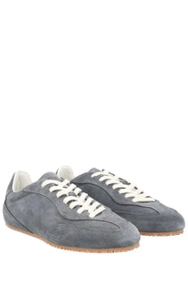 Axel arigato men’s sneaker daze runner grey gray suede sneakers with white laces and light brown rubber sole