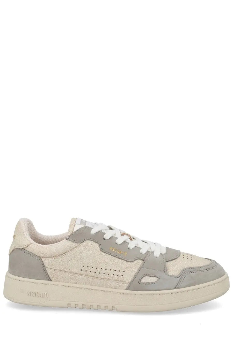 Axel Arigato men’s sneaker dice grey beige and gray suede low-top sneaker with perforated detailing and white laces