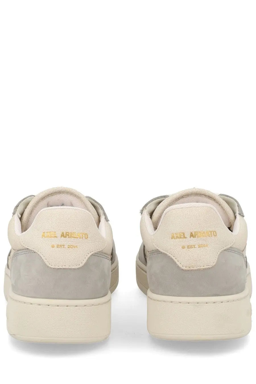 Axel arigato men’s sneaker dice grey beige and gray suede low-top sneakers with gold branding on the heel back side