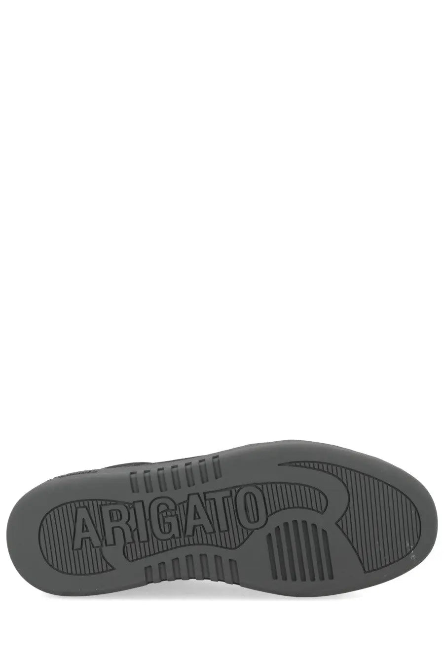 Dark gray rubber sole of axel arigato men’s sneaker dice toe black with embossed branding and textured grip patterns