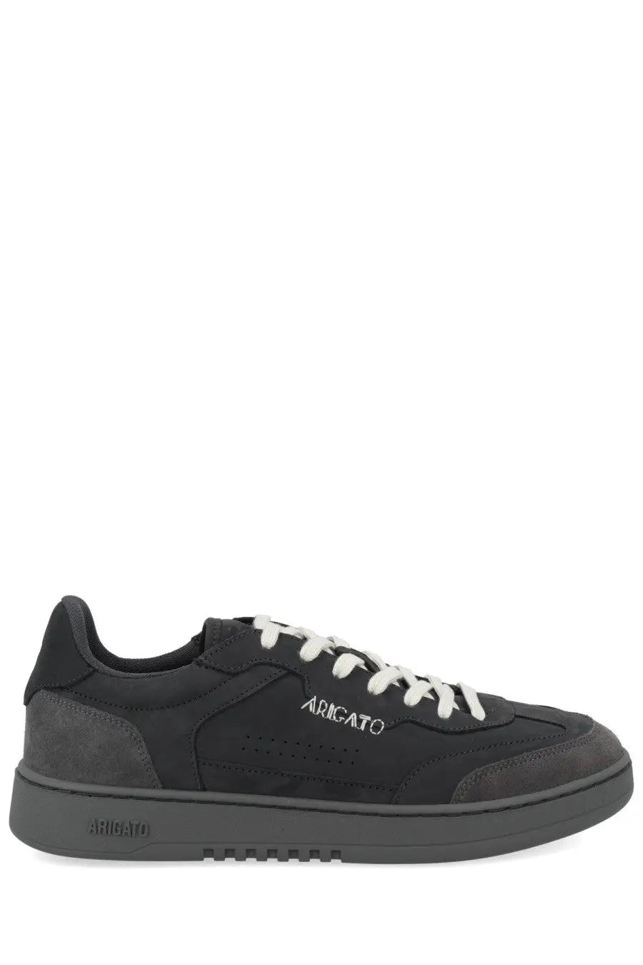Axel arigato men’s low-top sneaker dice toe black in black suede and canvas with white laces and subtle aricato logo