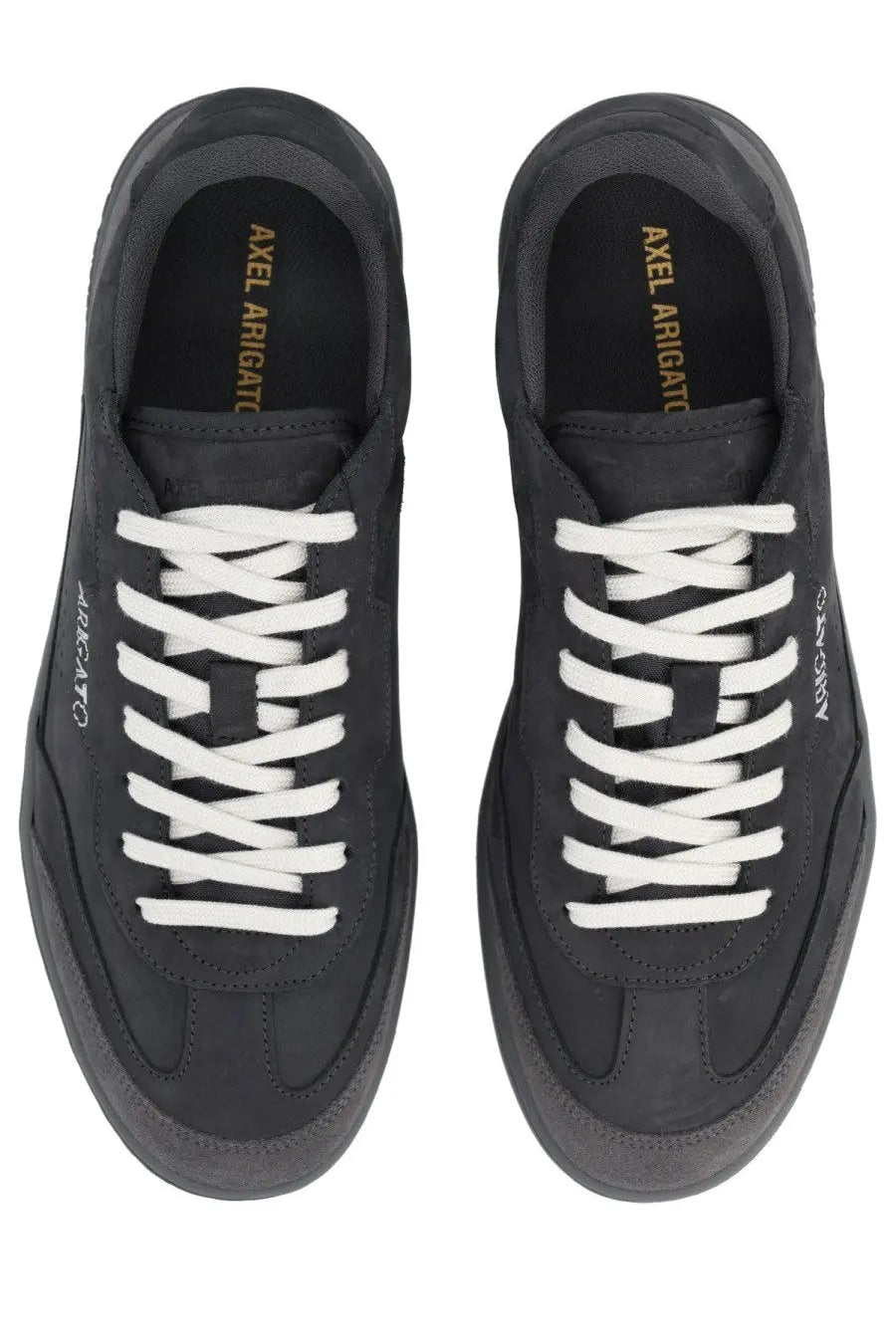 Axel Arigato men’s sneaker dice toe black black suede low-top sneakers with white laces and subtle gold branding