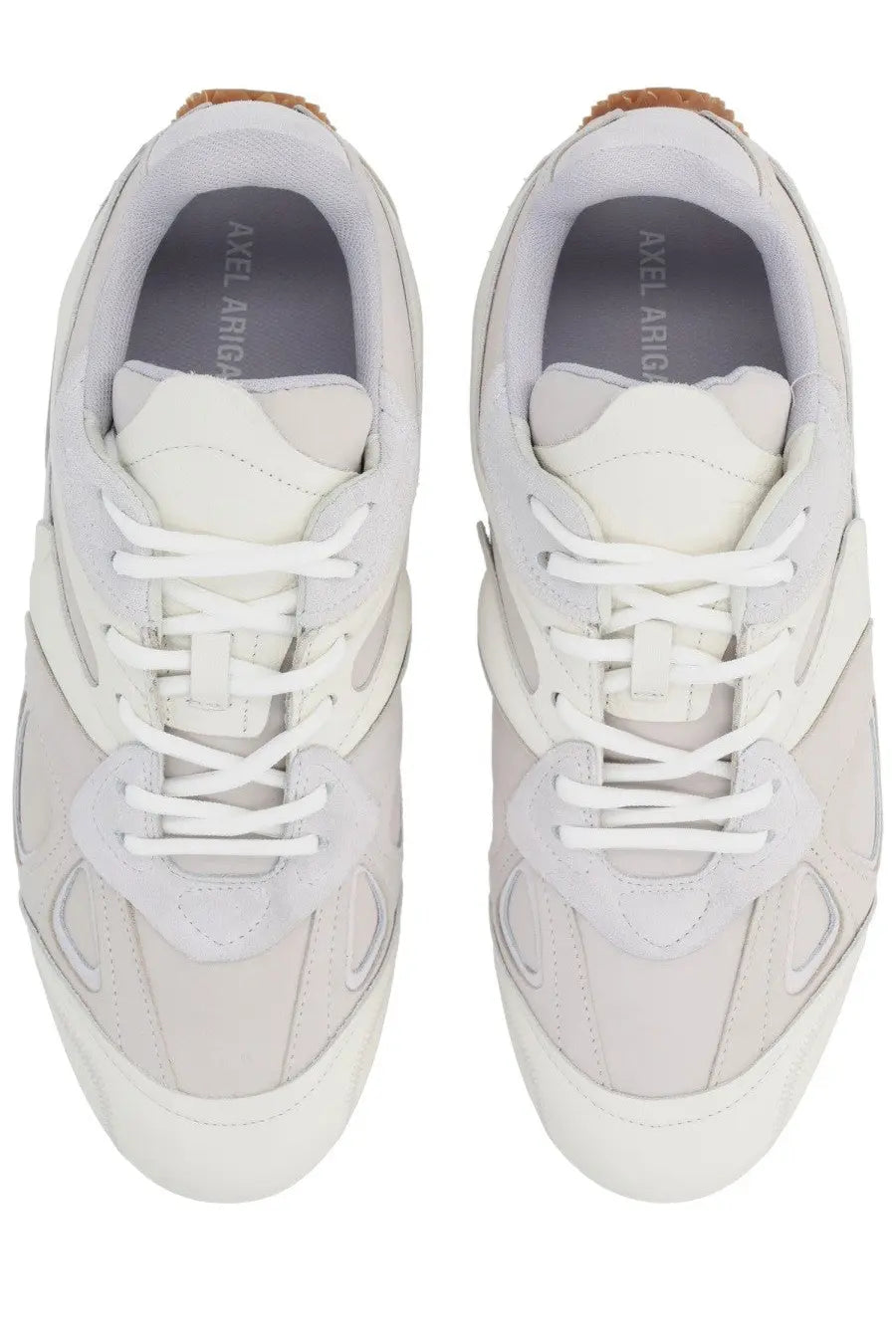 Axel arigato men’s sneaker slow runner white with layered suede and mesh upper white laces and tan rubber heel accents