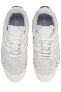 Axel arigato men’s sneaker slow runner white with layered suede and mesh upper white laces and tan rubber heel accents