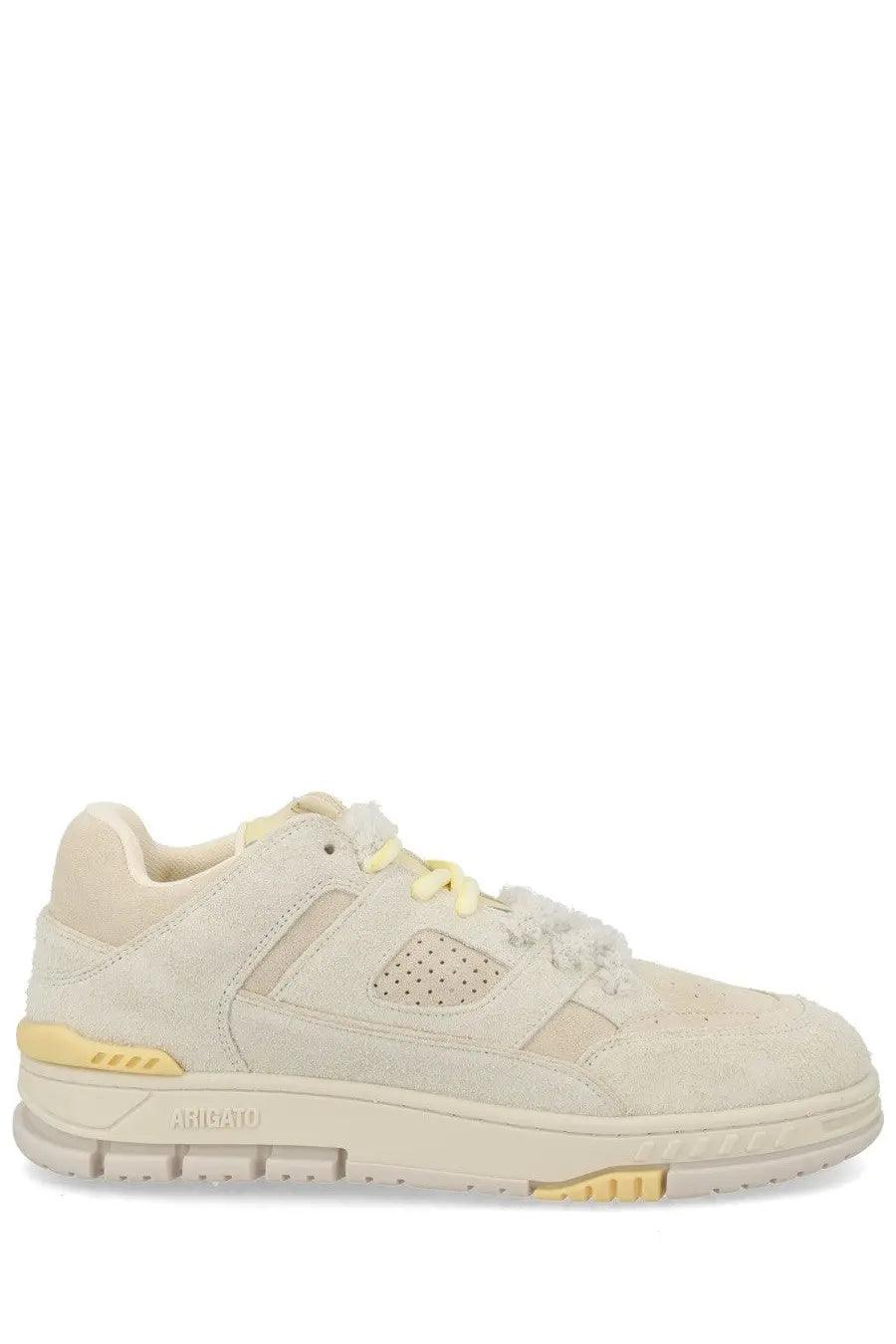 Axel Arigato men’s sneaker area lo label white cream suede sneaker with yellow laces and chunky sole