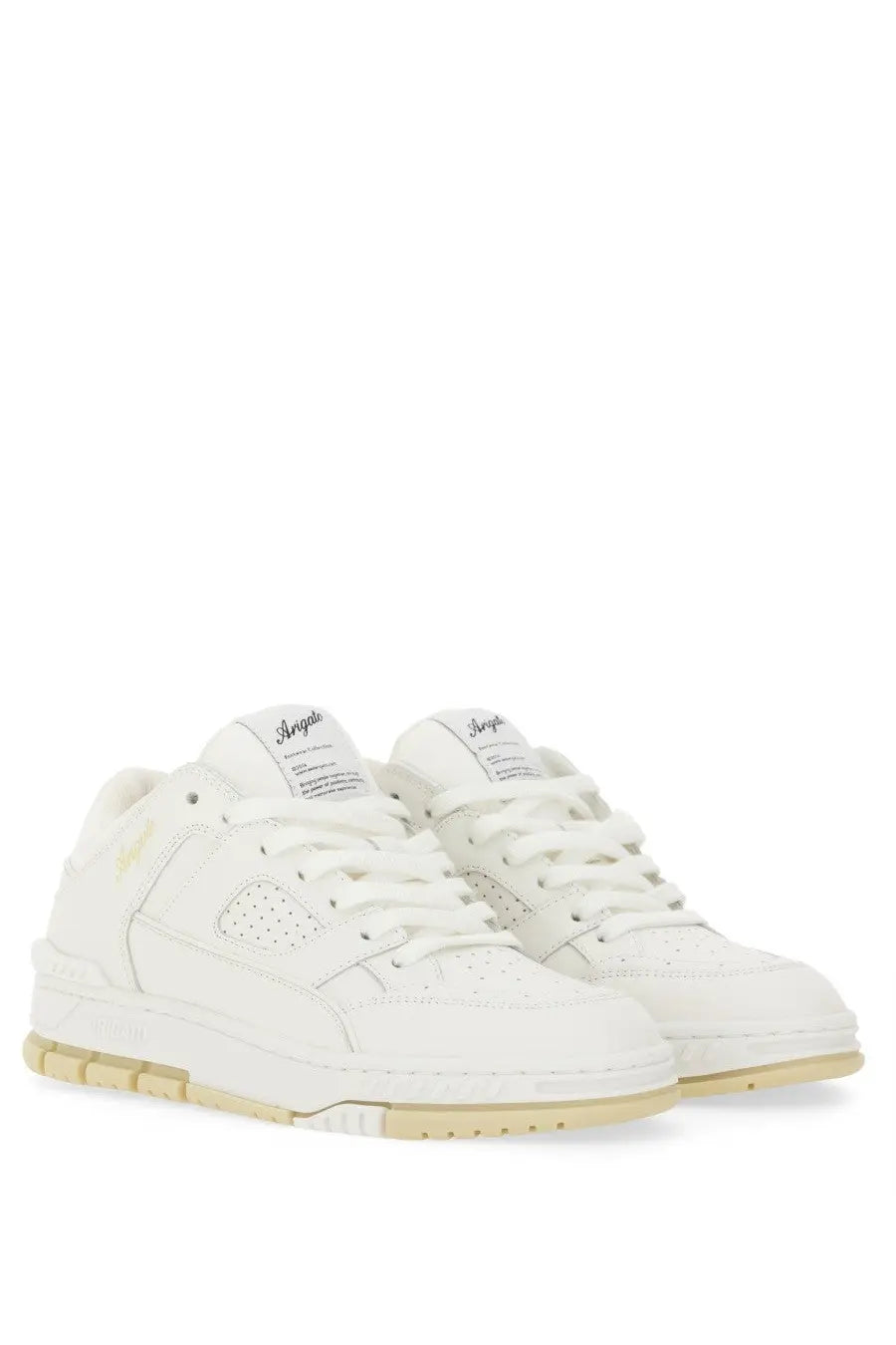 Axel arigato women’s area lo sneaker white minimalist white leather sneakers with beige rubber sole front view