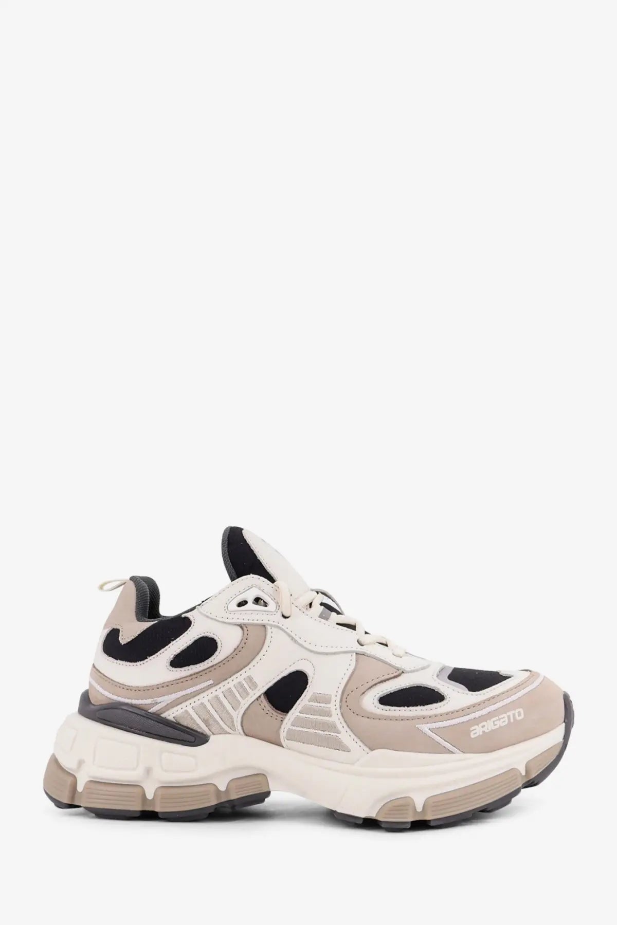 Axel Arigato women’s beige and black sphere runner low top sneakers with suede mesh layered retro design