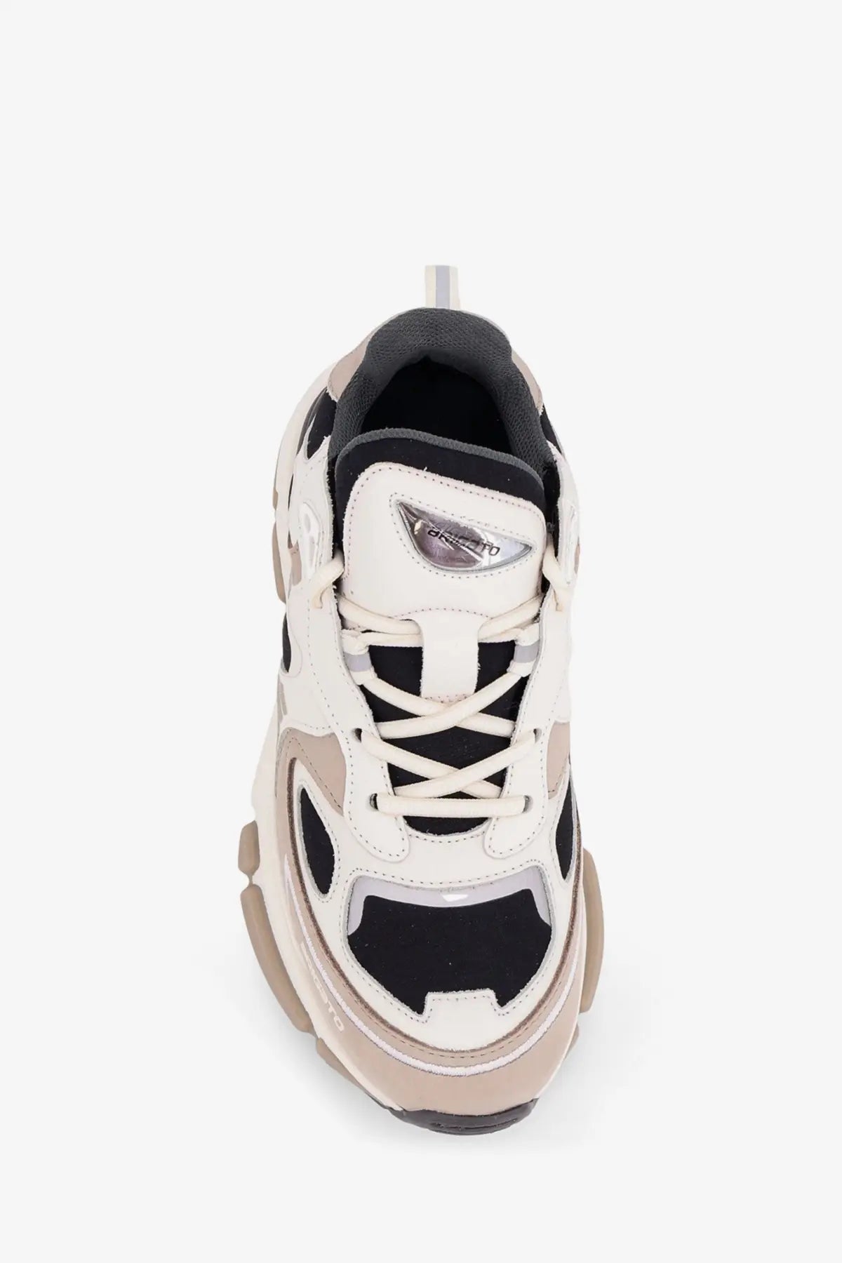 Axel Arigato women’s sphere runner low top sneaker in white and black with beige suede leather and mesh layered design