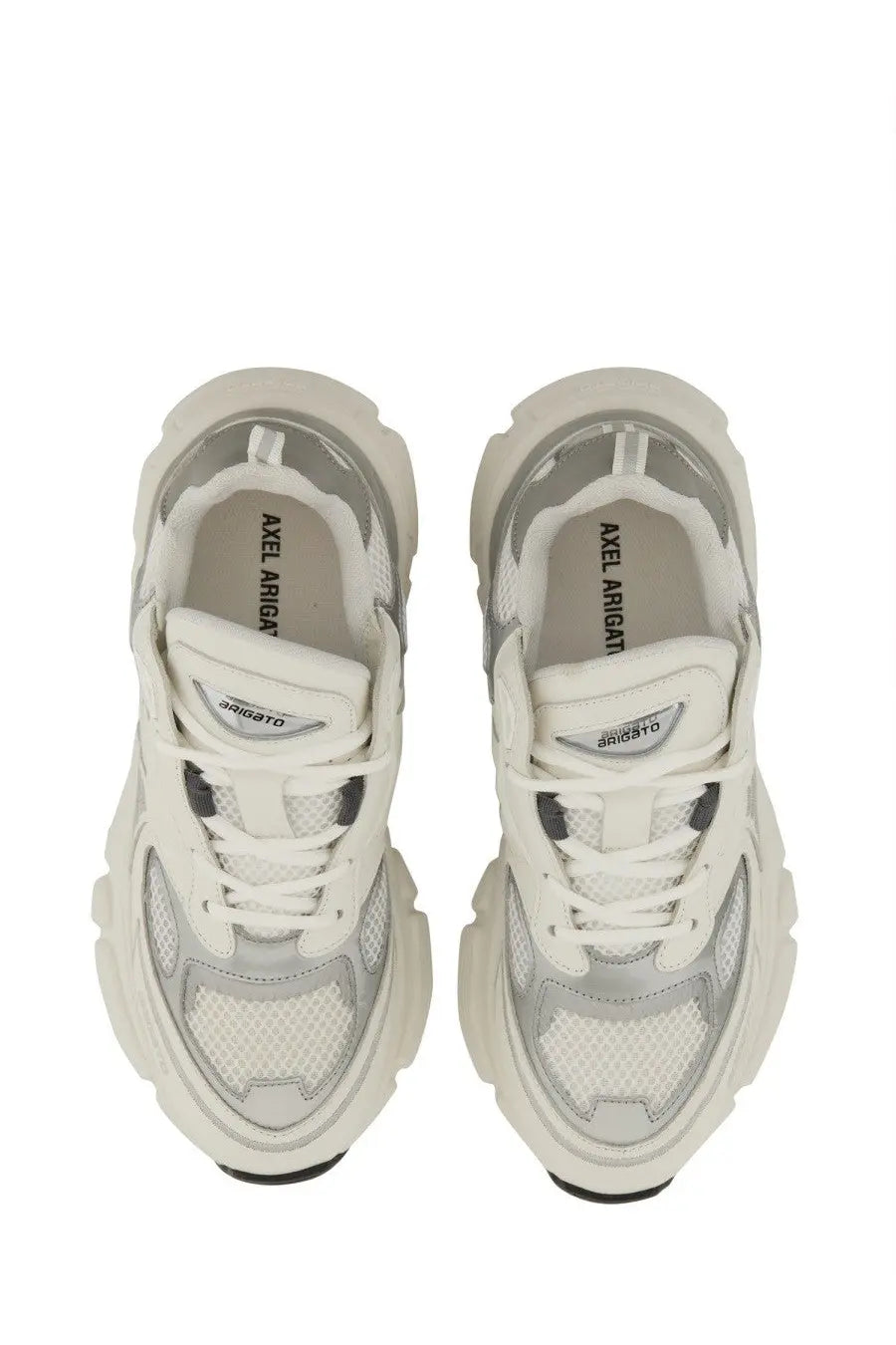 Axel arigato women’s sphere runner sneaker white with silver mesh panels and thick sculpted sole chunky design