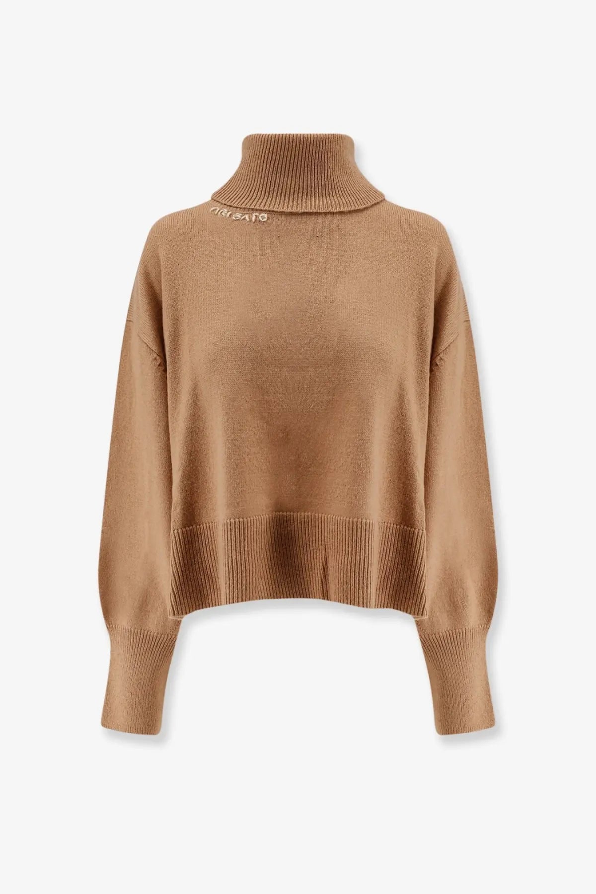 Axel Arigato women’s camel-colored wool blend turtleneck sweater with ribbed knit and subtle embroidered logo