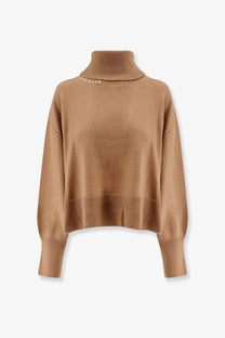 Axel Arigato women’s camel-colored wool blend turtleneck sweater with ribbed knit and subtle embroidered logo