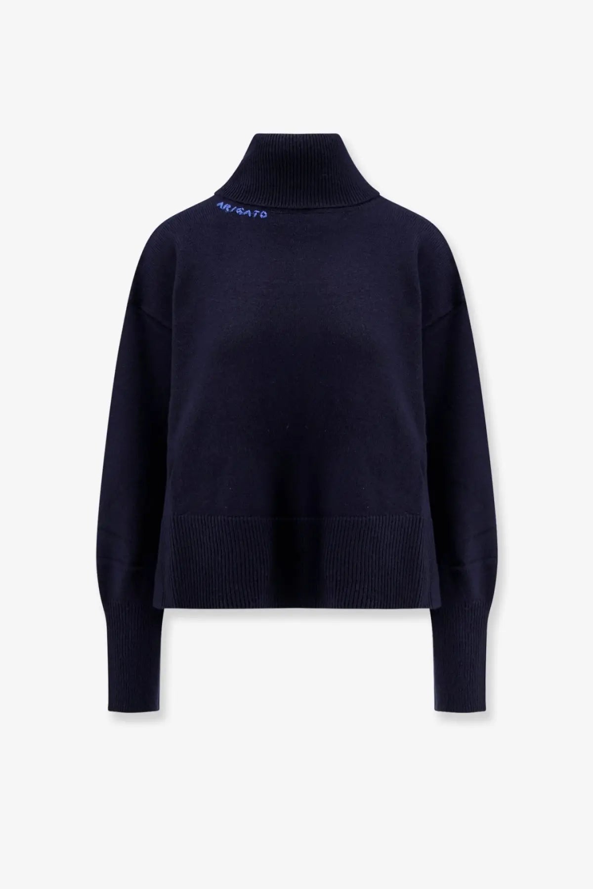 Axel Arigato women’s dark navy wool blend ribbed knit turtleneck sweater with subtle blue embroidered branding