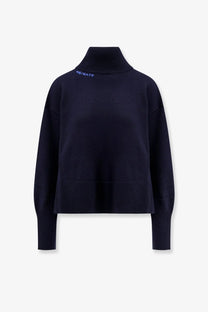 Axel Arigato women’s dark navy wool blend ribbed knit turtleneck sweater with subtle blue embroidered branding