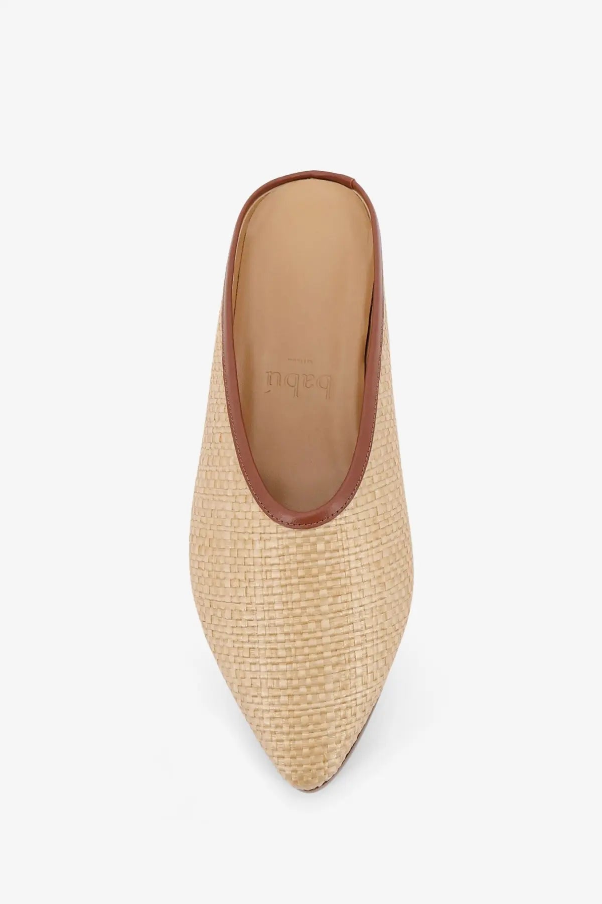 Beige woven straw mule shoe with brown leather trim from babú milano women’s raffia sandals collection