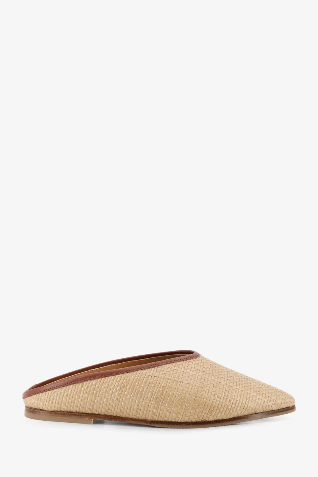 Beige woven straw mule slip-on shoe with brown leather trim and sole from babú milano women’s raffia sandals