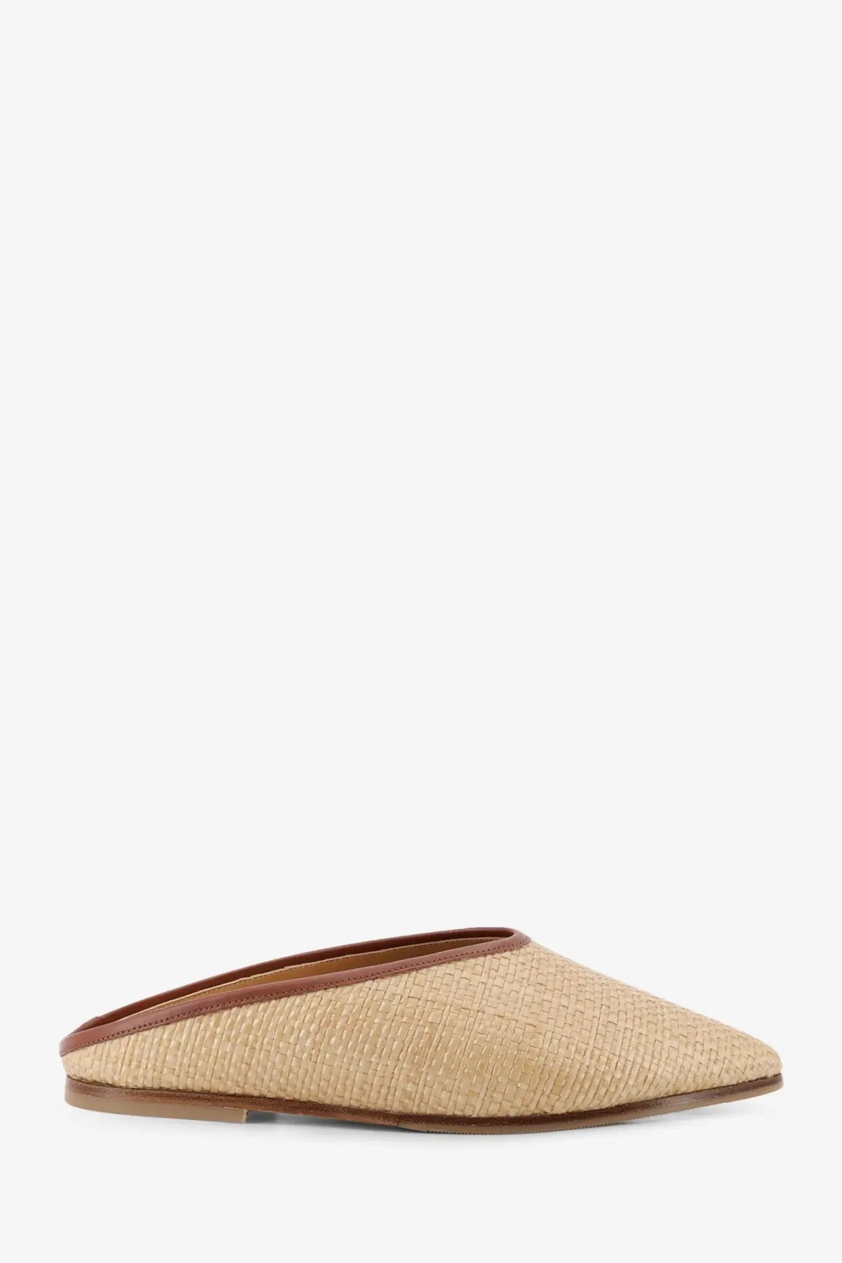 Beige woven straw mule slip-on shoe with brown leather trim and sole from babú milano women’s raffia sandals collection