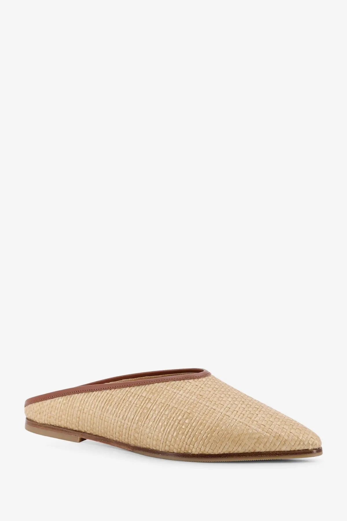 Beige woven straw mule slip-on shoe with brown leather trim and sole from babú milano women’s raffia sandals