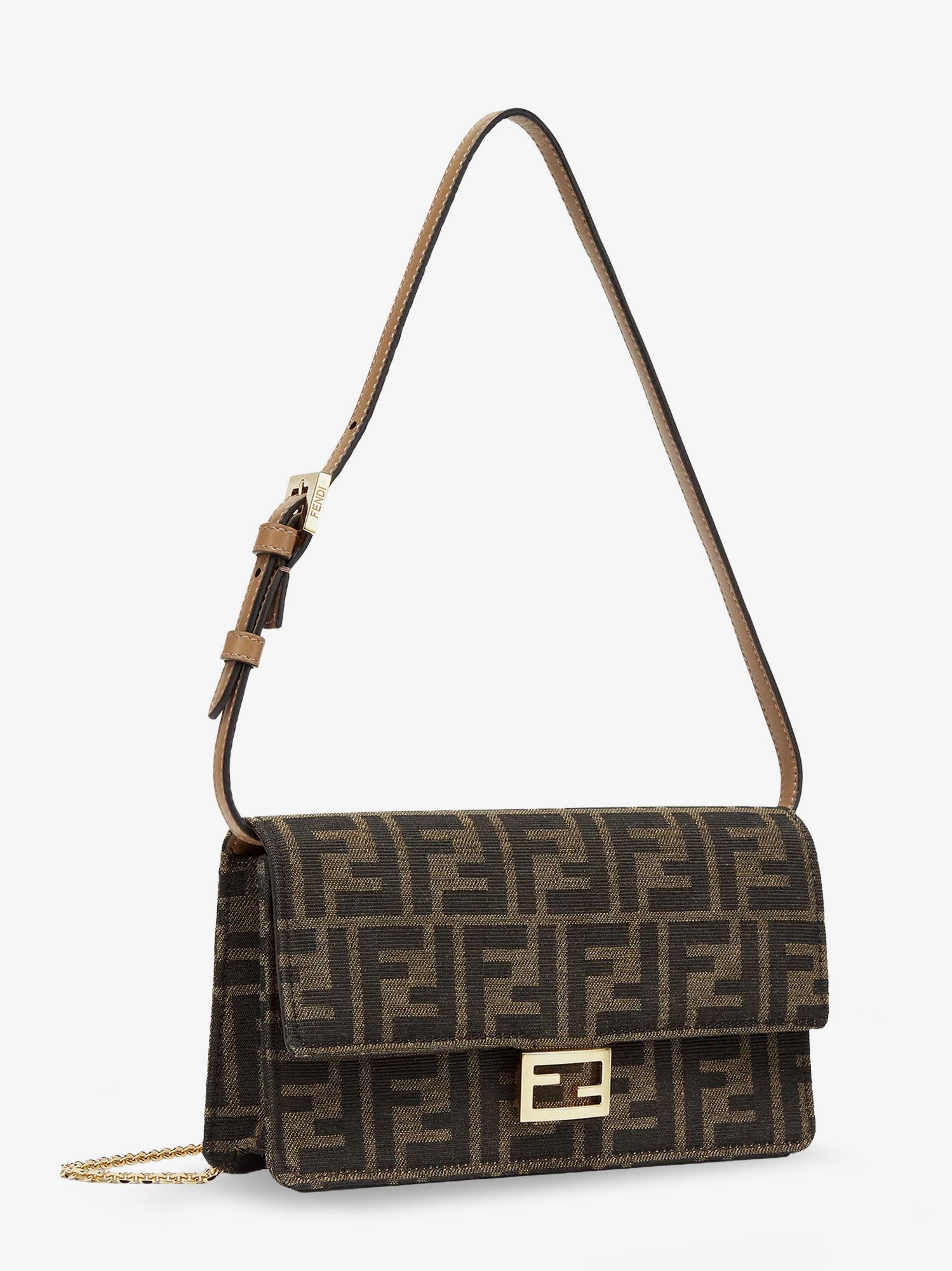 Fendi Women's Baguette Wallet on Chain Shoulder Bag in FF Jacquard Fabric Brown