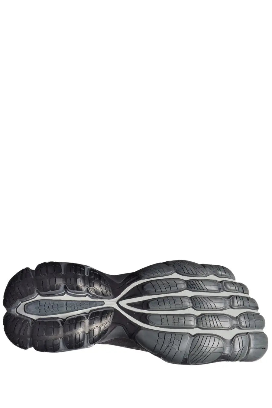 Balenciaga men’s anatomic runner sneaker grey featuring a black and gray rubber sole with a segmented toe design