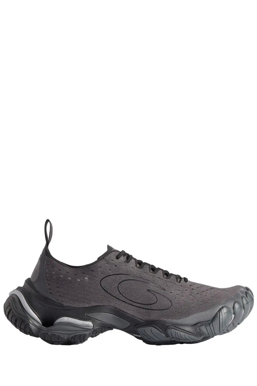 Balenciaga men’s anatomic runner sneaker grey featuring black mesh upper and bold chunky sole with oakley logo on side