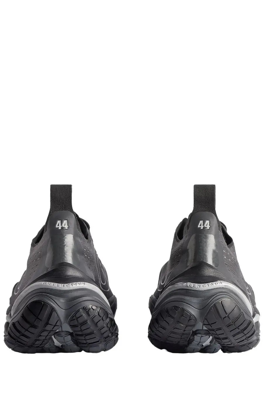 Balenciaga men’s anatomic runner sneaker grey with black glossy finish and chunky rubber soles shown from the back