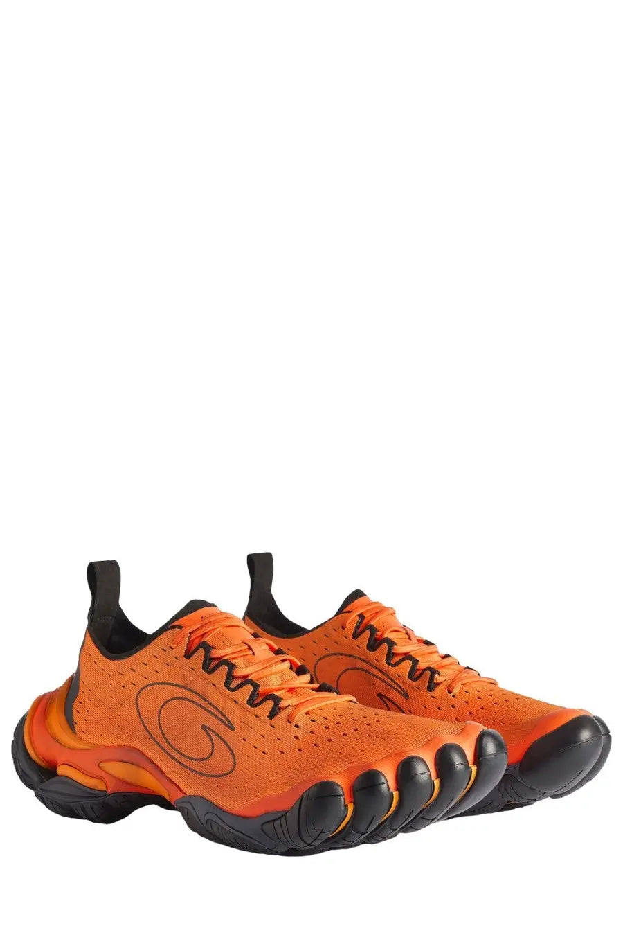 Balenciaga men’s anatomic runner sneaker orange featuring vibrant orange five-finger design with black accents and bold logo