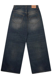 Dark-wash blue balenciaga men’s baggy pants with wide-leg cut and classic back pockets with leather brand tag