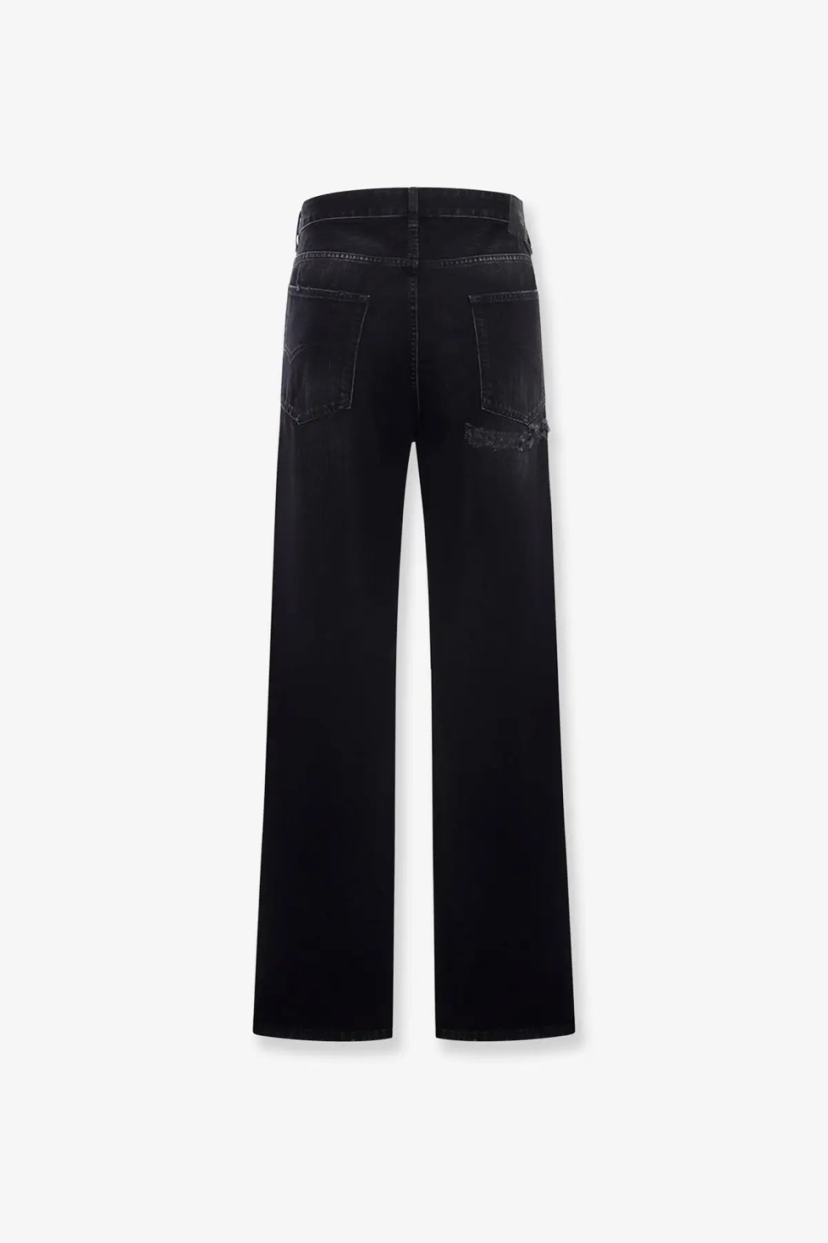Back view of balenciaga men’s black denim jeans with straight-leg cut and subtle distressed rear pockets detailing