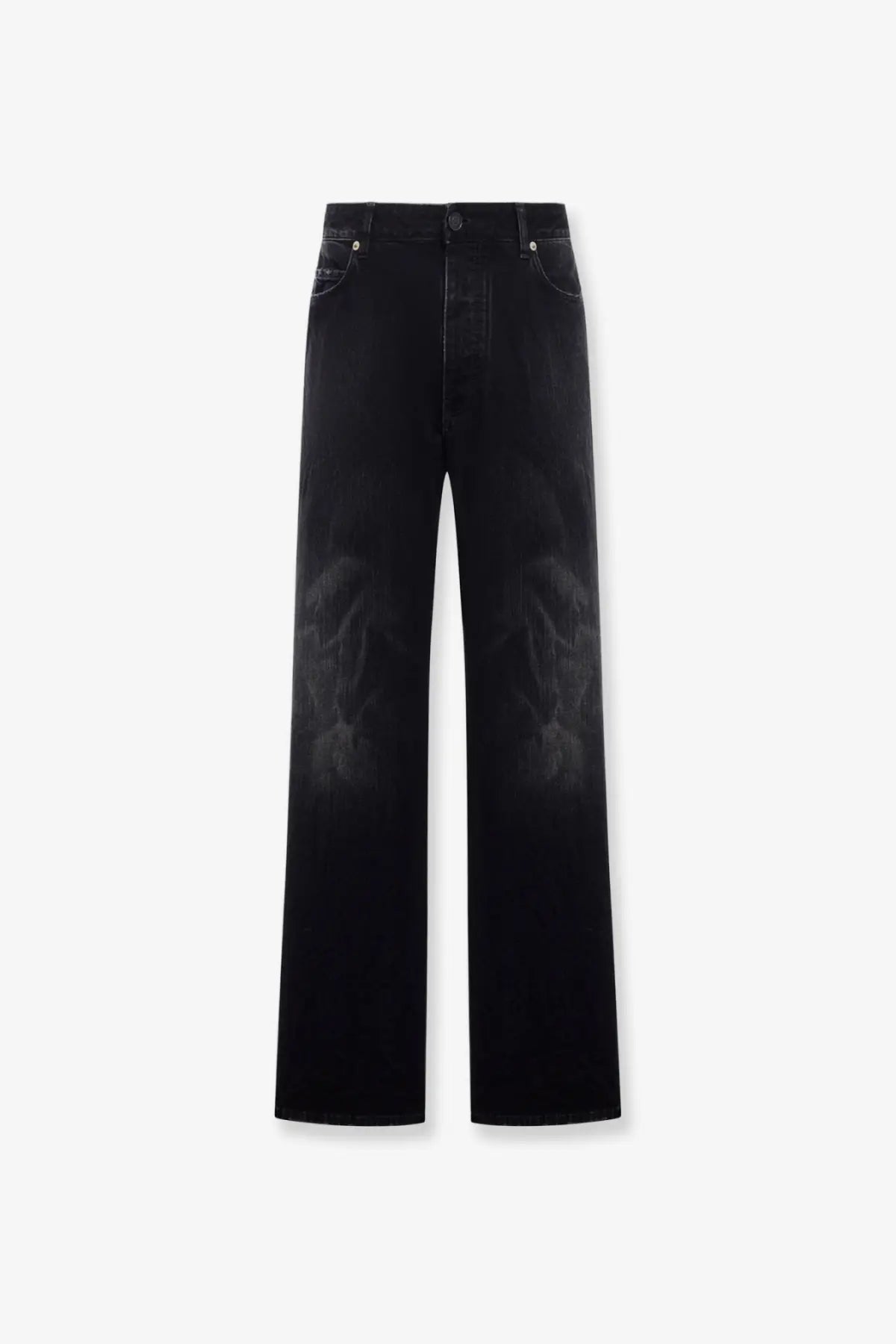 Balenciaga men’s black denim jeans with wide-leg fit and faded distressed patches on the thighs