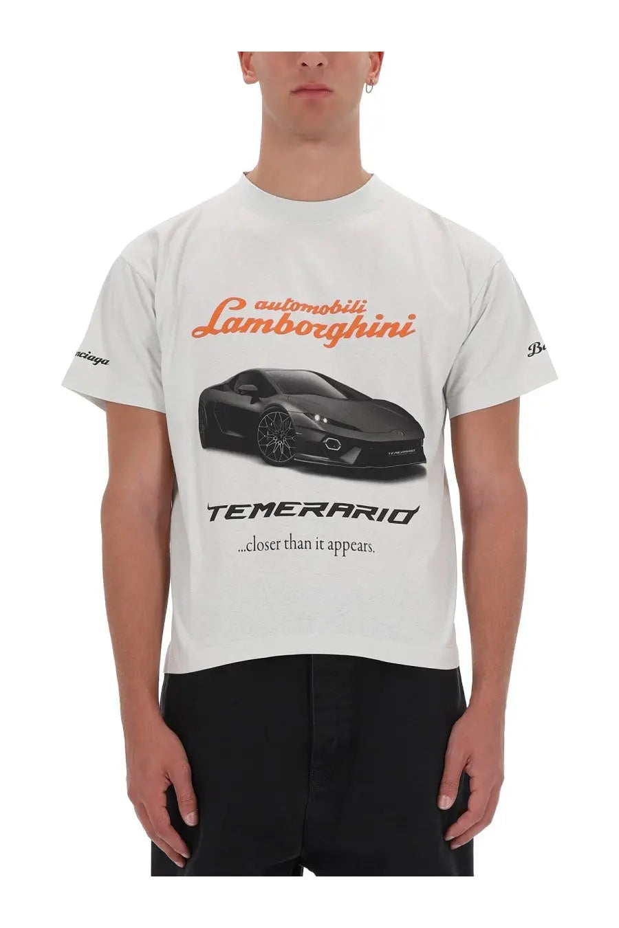 Balenciaga men’s white cotton boxy fit t-shirt with black lamborghini temerario graphic and orange automobili lamborghini text