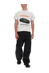 Balenciaga men’s white boxy fit short-sleeved shirt with black Lamborghini Temerar graphic and orange Automobili Lamborghini text