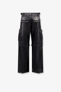 Balenciaga men’s cargo black denim trousers with wide legs and multiple pockets in distressed fabric