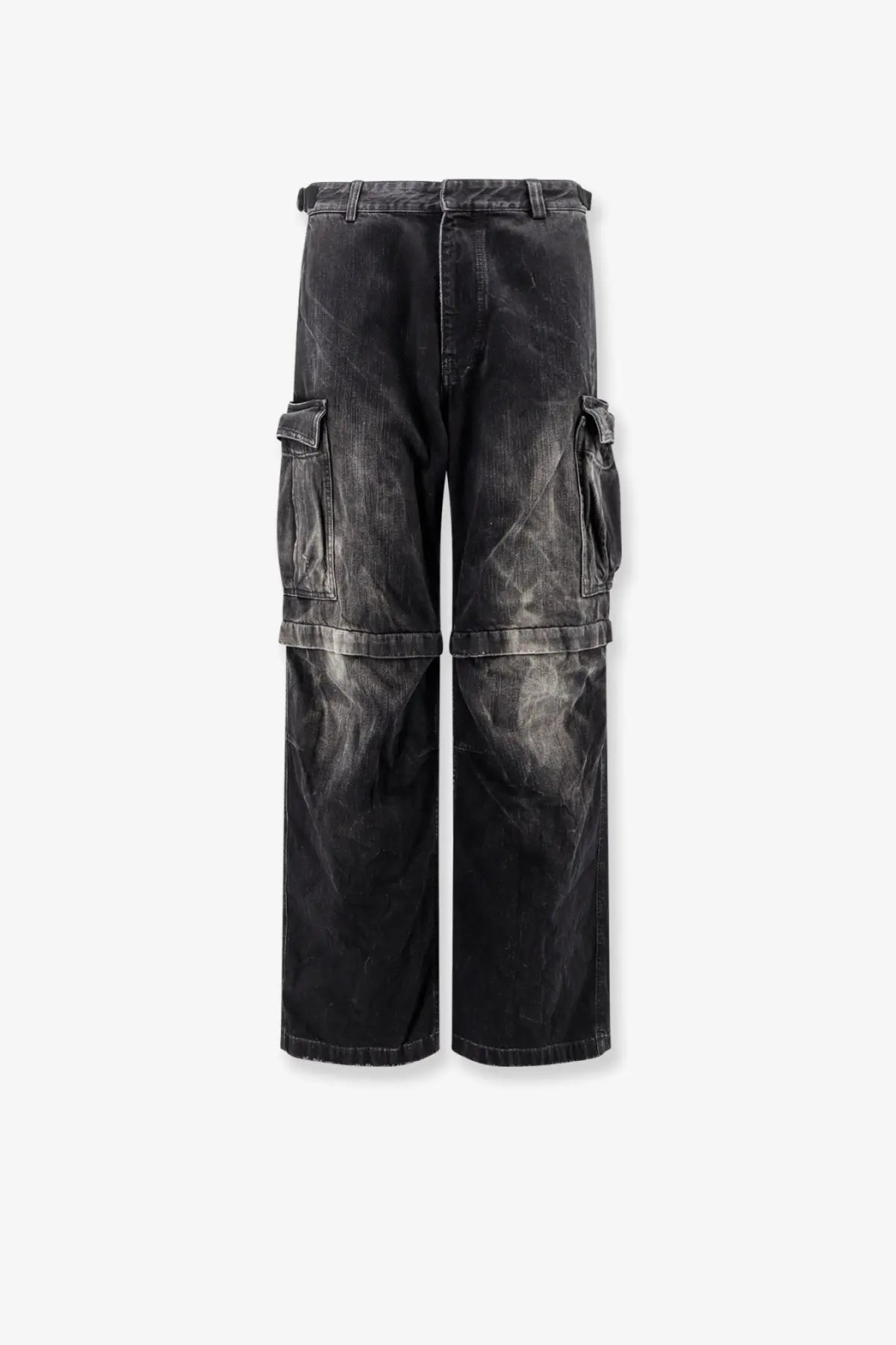 Balenciaga men’s black distressed denim cargo trousers with wide legs and faded wash in black color