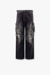 Balenciaga men’s black distressed denim cargo trousers with wide legs and faded wash in black color