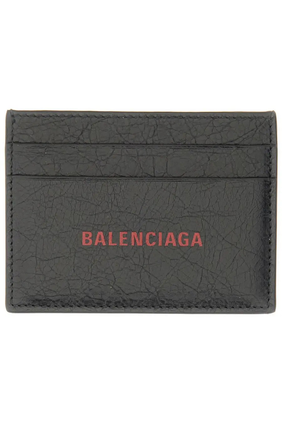 Balenciaga men’s cash card holder in black cracked leather with red balenciaga logo on the front