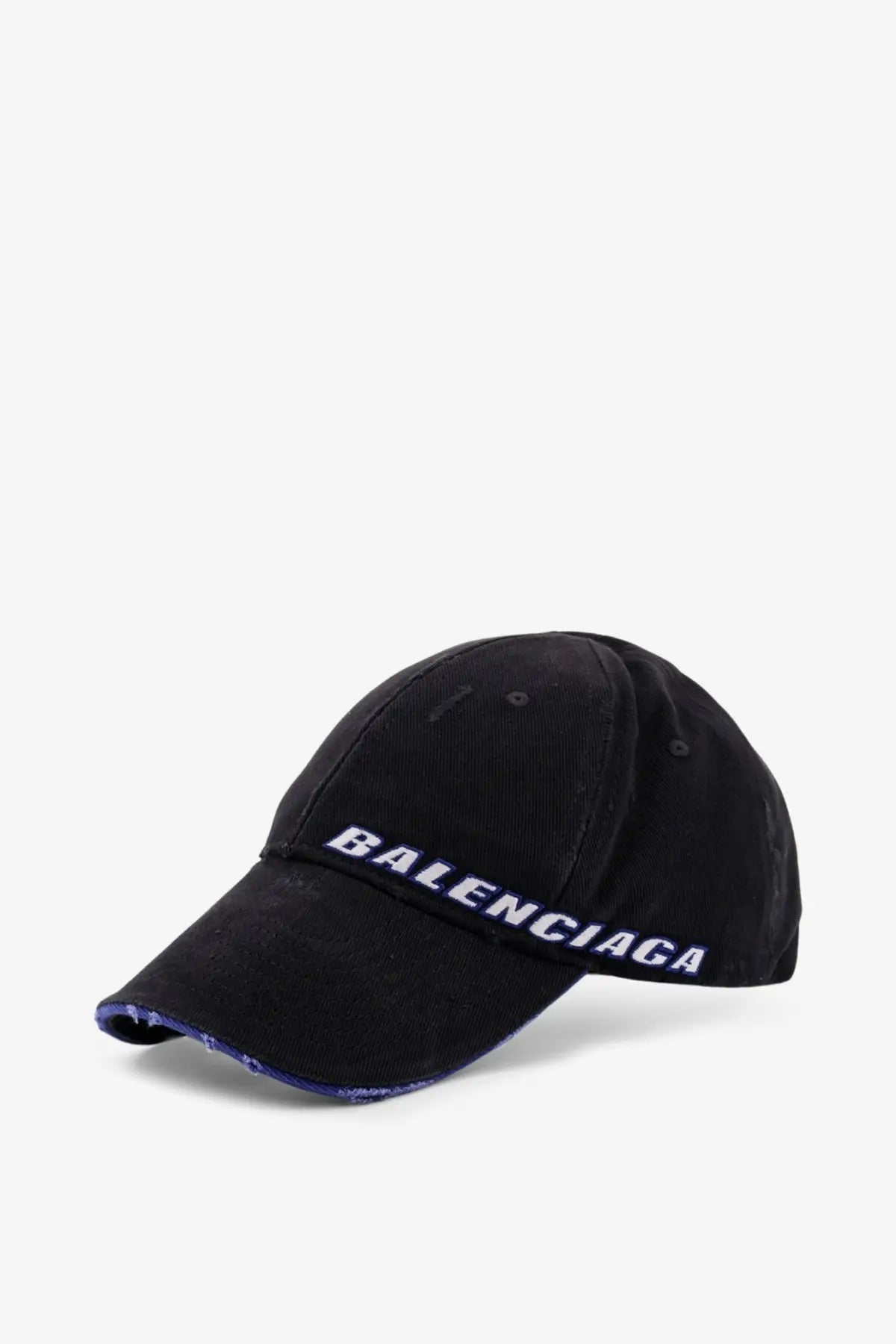 Black balenciaga men’s cotton baseball hat with embroidered logo and frayed brim