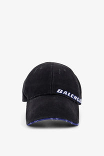 Balenciaga men’s black distressed cotton baseball cap with white and purple embroidered logo on the brim