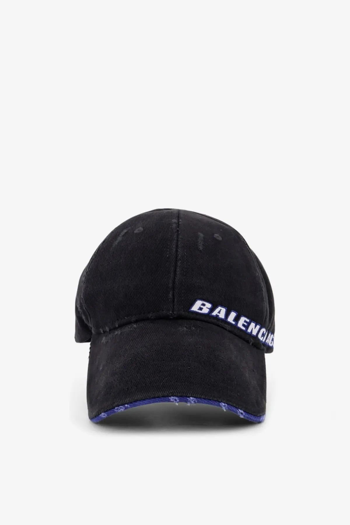 Black distressed cotton baseball hat with embroidered balenciaga logo in white and purple along the brim