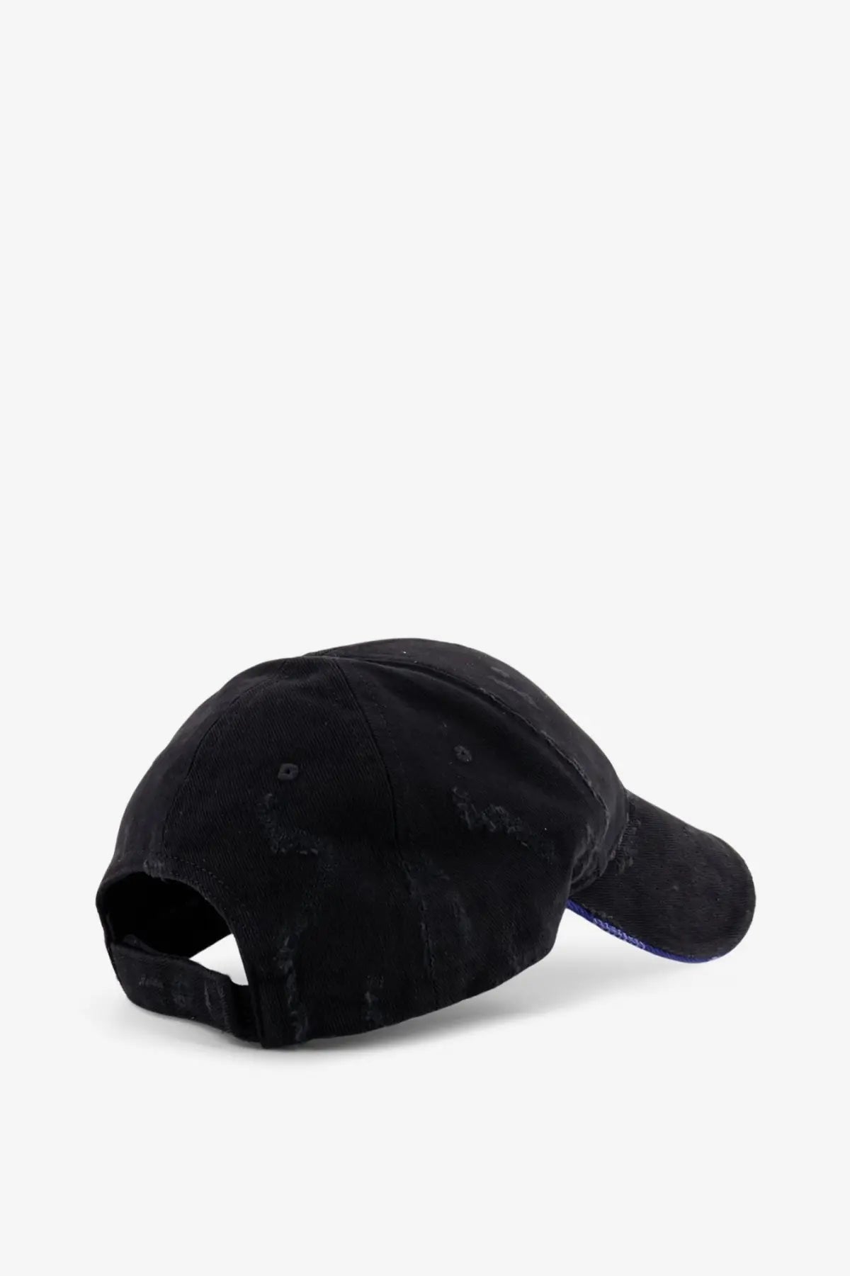 Balenciaga men’s black cotton baseball hat with distressed denim and subtle purple trim along the brim